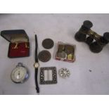 collectors lot- opera glasses, cranberry mini oil lamp, mini bellows, coins etc