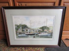 Ian L King framed watercolour of a harbour 62cm x 82cm approx