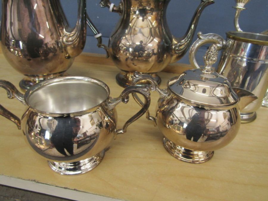 Silver plate teapot, coffee pot ,milk jug and sugar bowl, tankard and candelabra - Image 3 of 5