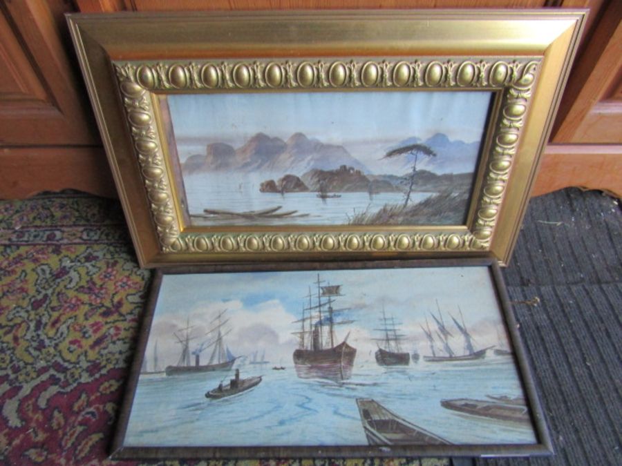 2 Framed watercolours depicting seascapes, one signed. Largest 35cm x 55cm approx