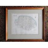 Framed 19th century hand coloured map of Norfolk  56cm x 65cm approx