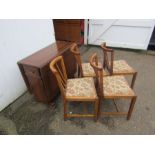 Oak drop leaf table with drawer and cupboard each end and 4 upholstered chairs