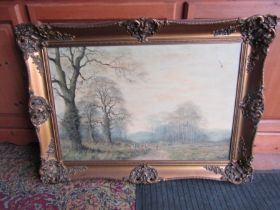 Signed oil on canvas landscape in ornate gilt frame 65cm x 92cm approx