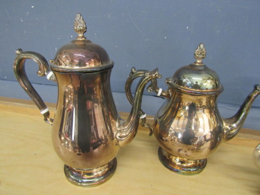 Silver plate teapot, coffee pot ,milk jug and sugar bowl, tankard and candelabra - Image 2 of 5