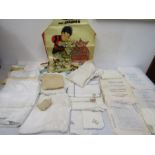 Vintage flour sacks inc Wisbech and vintage linens and Dennis the Menace apron