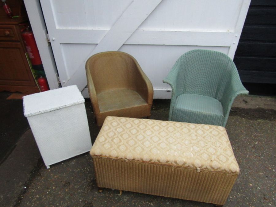 2 Lloyd Loom style chairs, blanket box and linen bin