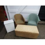 2 Lloyd Loom style chairs, blanket box and linen bin