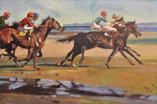 Neil Boyle (Canadian 1931-2006), late 20th century, "Racing on the beach", oil on canvas, signed