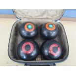Set of Emneth Bowls club bowling balls in case