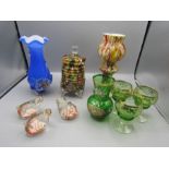 Multi-coloured vases, venetian vase and glasses and animal paperweights