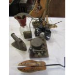 Collectors lot to include morse code reader, binoculars, vintage cream maker, oil can, iron