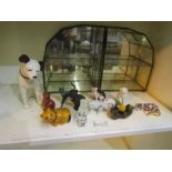 HMV dog, collection of cats and 2 display cases