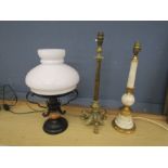 3 Table lamps including ornate brass and onyx (glass shade is not correct one for black lamp)