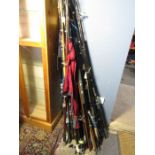 A collection of around 15-20 rods to include maxim spool reel, beaufont rods, cono beachcaster,