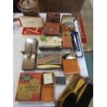 Collectors lot to include Treen biscuit barrell, vintage razors and cut throat razor, tie press,