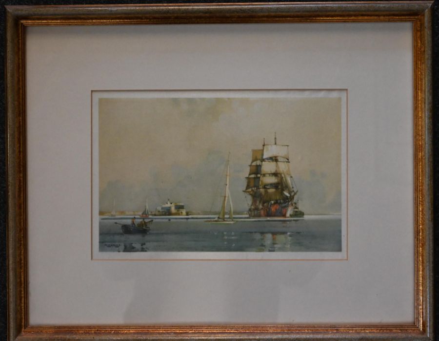 After FRANK HENRY MASON RBA, RI, RSMA (BRITISH 1875-1965) seascape print on silk, 41.5 x 33cm framed