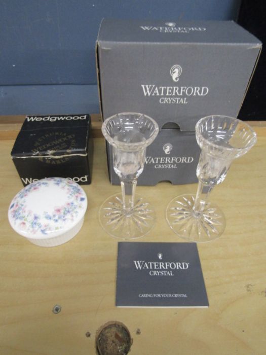 2 Waterford crystal candle sticks and a Wedgwood trinket pot, all with boxes and certs