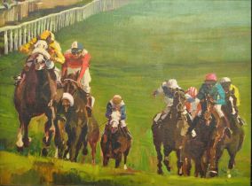 Neil Boyle (Canadian 1931-2006), late 20th century, "Racing the hill", oil on canvas, signed lower