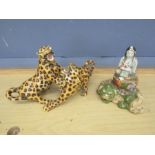 2 Ceramic leopards and Buddhist Princess H21cm approx