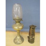 Brass miners lamp and oil lamp with glass shade