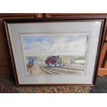 Ian L King framed watercolour depicting trains 62cm x 82cm approx