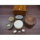 Treen dish and box and trinket pots