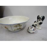 A large bowl ,single mantel dog and trinket pot