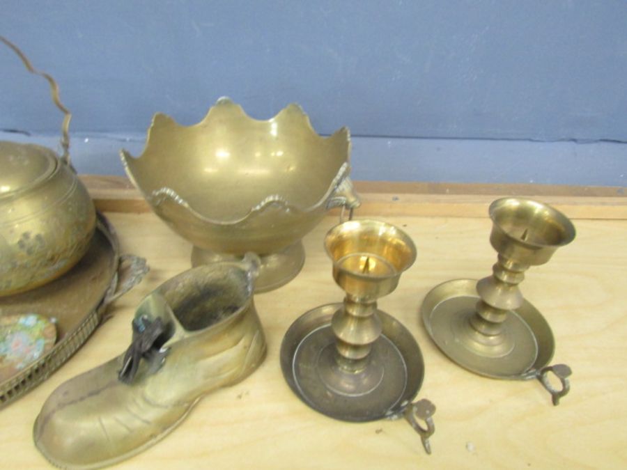 Mixed brass items including pair of candlesticks, teapot and tray etc - Image 2 of 3