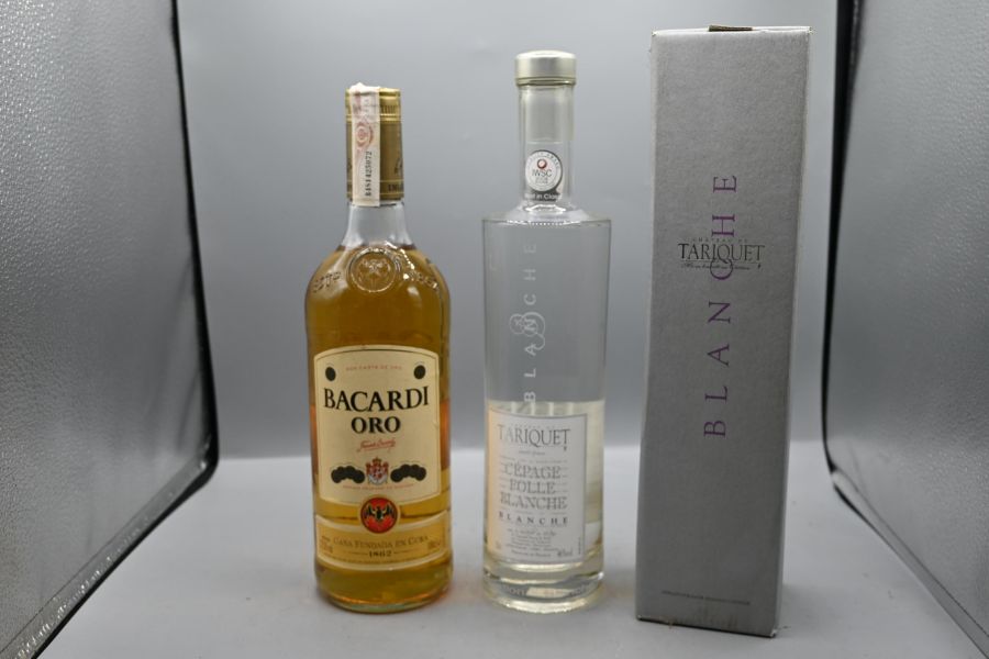 Two bottles to include Tariquet blanche Armangac (boxed) and Bacardi rum
