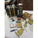 collectors lot to include H.M.S cyclops napkin ring, squeeze box, vintage matchbox container,