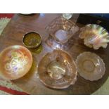 Carnival glass dishes, art deco pressed glass bowl, amber coloured dish etc