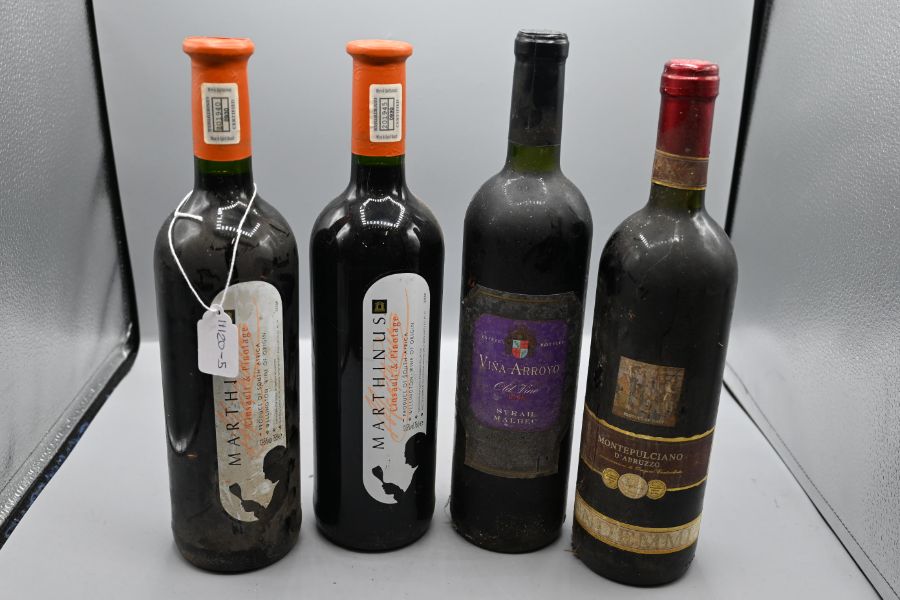 Four bottles of red wine to include two bottles of 1999 Marthinus Cinsault & Pinotage 75cl, one