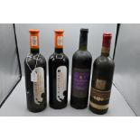 Four bottles of red wine to include two bottles of 1999 Marthinus Cinsault & Pinotage 75cl, one