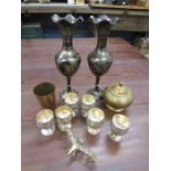 Brass vases, mini goblets lidded bowl and  cup