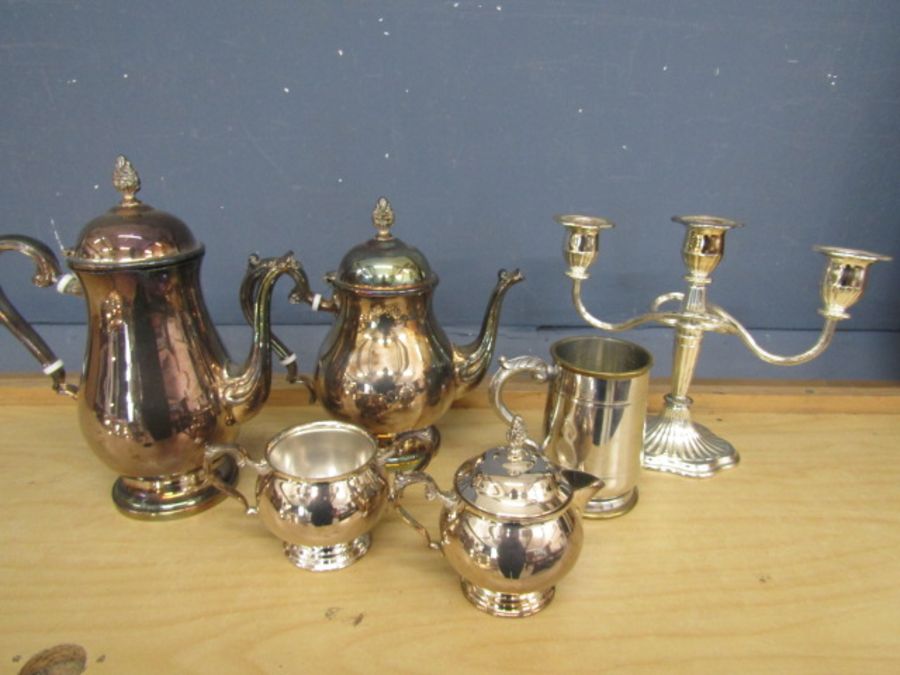 Silver plate teapot, coffee pot ,milk jug and sugar bowl, tankard and candelabra