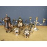 Silver plate teapot, coffee pot ,milk jug and sugar bowl, tankard and candelabra