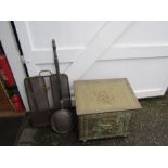 Brass covered log bin, fire guard and copper bed warmer etc