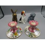 Maling candle holders, Royal Doulton dog, Coalport rabbit, vote for women dog