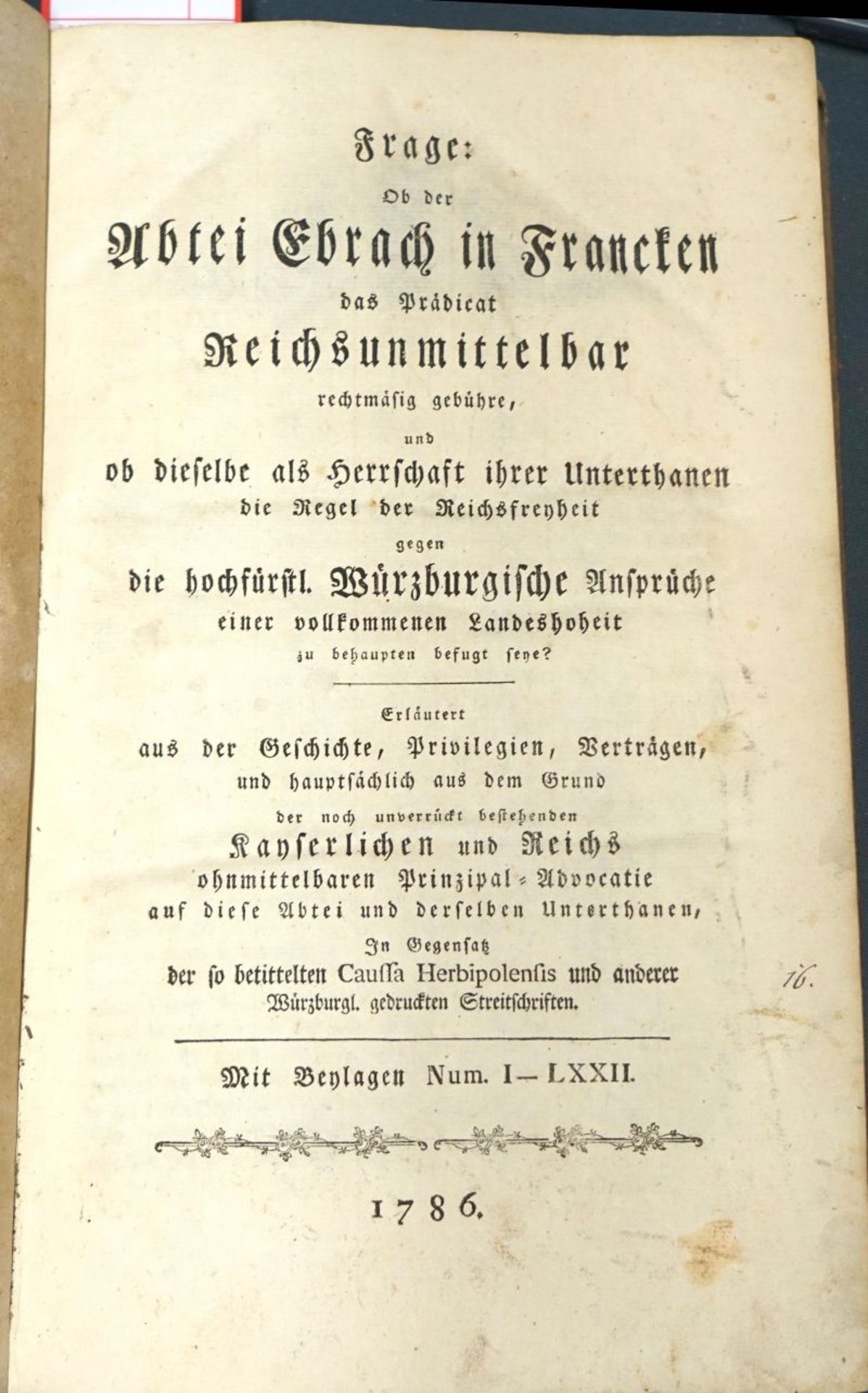 Montag, Eugen: Frage: Ob der Abtei Ebrach in Francken das Prädicat Reic...