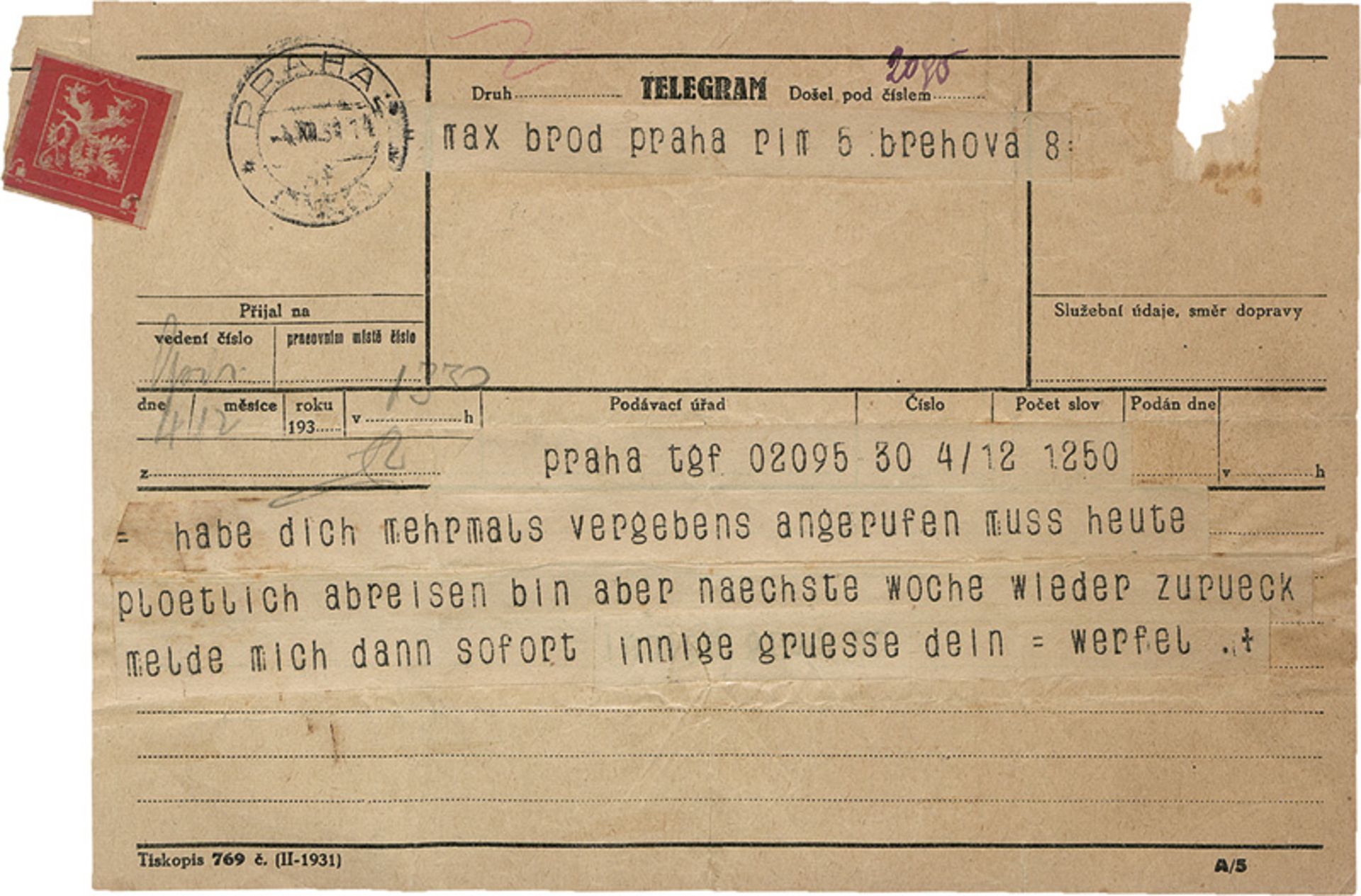 Werfel, Franz: Telegramm an Max Brod