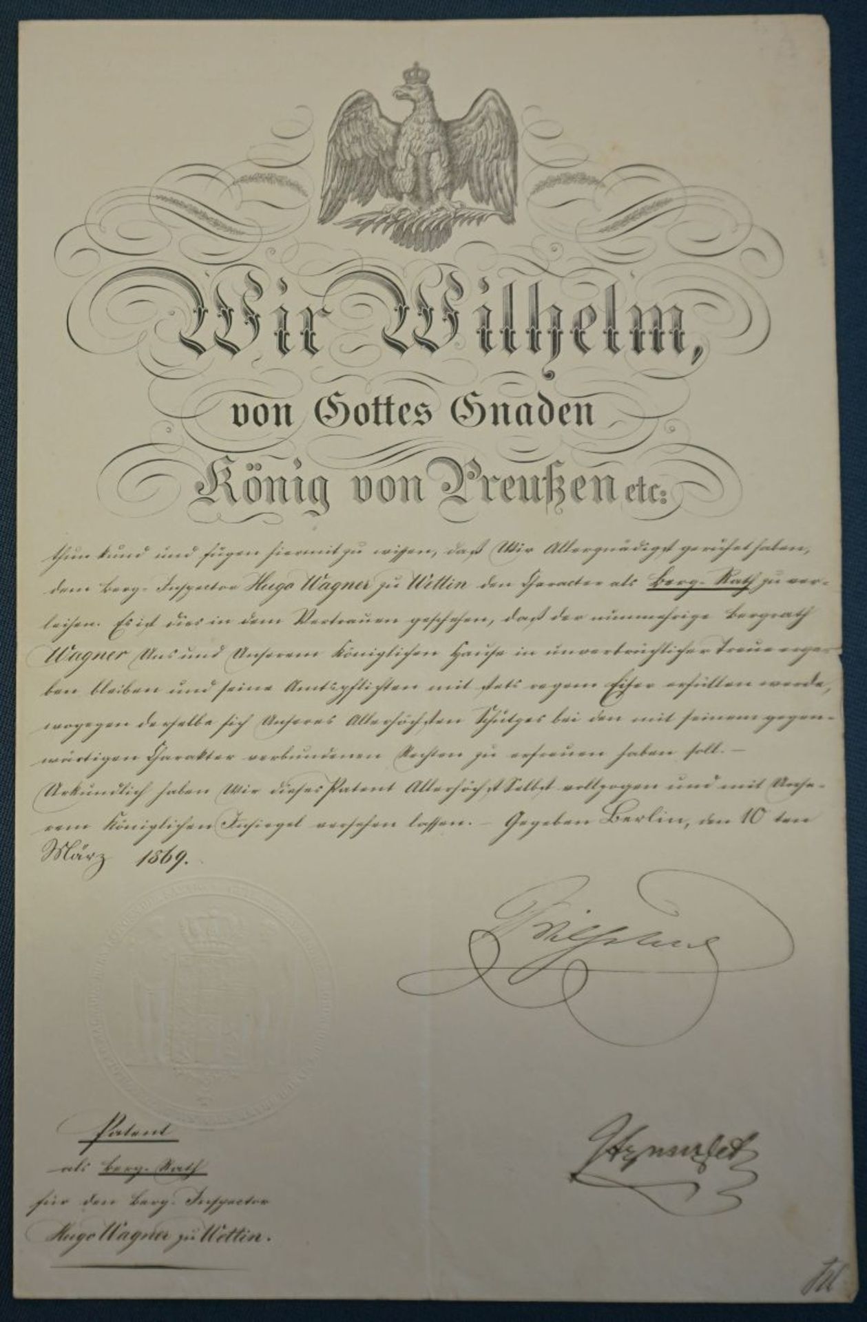 Wilhelm I., Deutscher Kaiser, König...: Urkunde 1869 + Beigabe