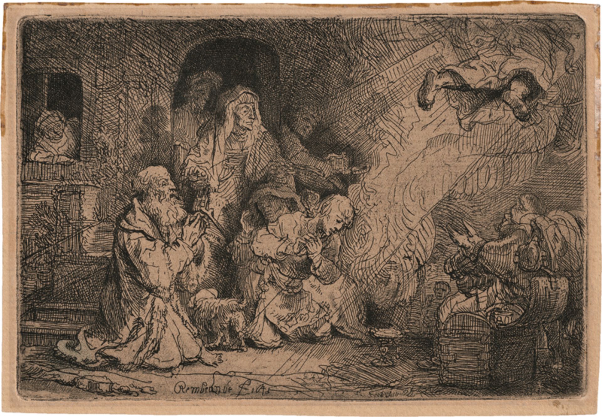 Rembrandt Harmensz. van Rijn: Der Engel vor der Familie des Tobias verschwindend