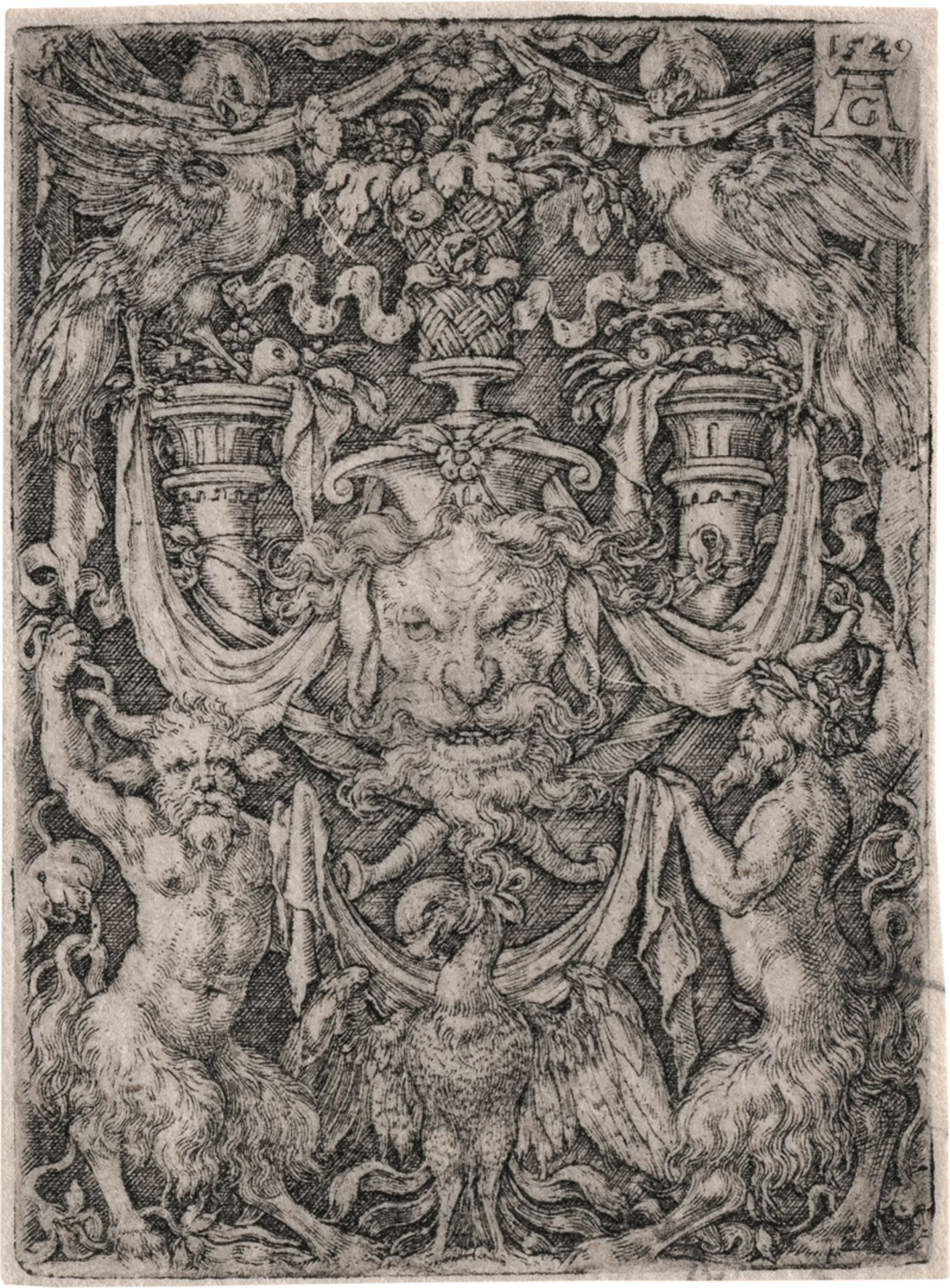 Aldegrever, Heinrich: Ornamententwurf mit Maske und Adler zwischen zwei Faunen