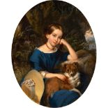 Monogrammist AK: Porträt eines Mädchens im blauen Kleid und mit Schoßhünd...