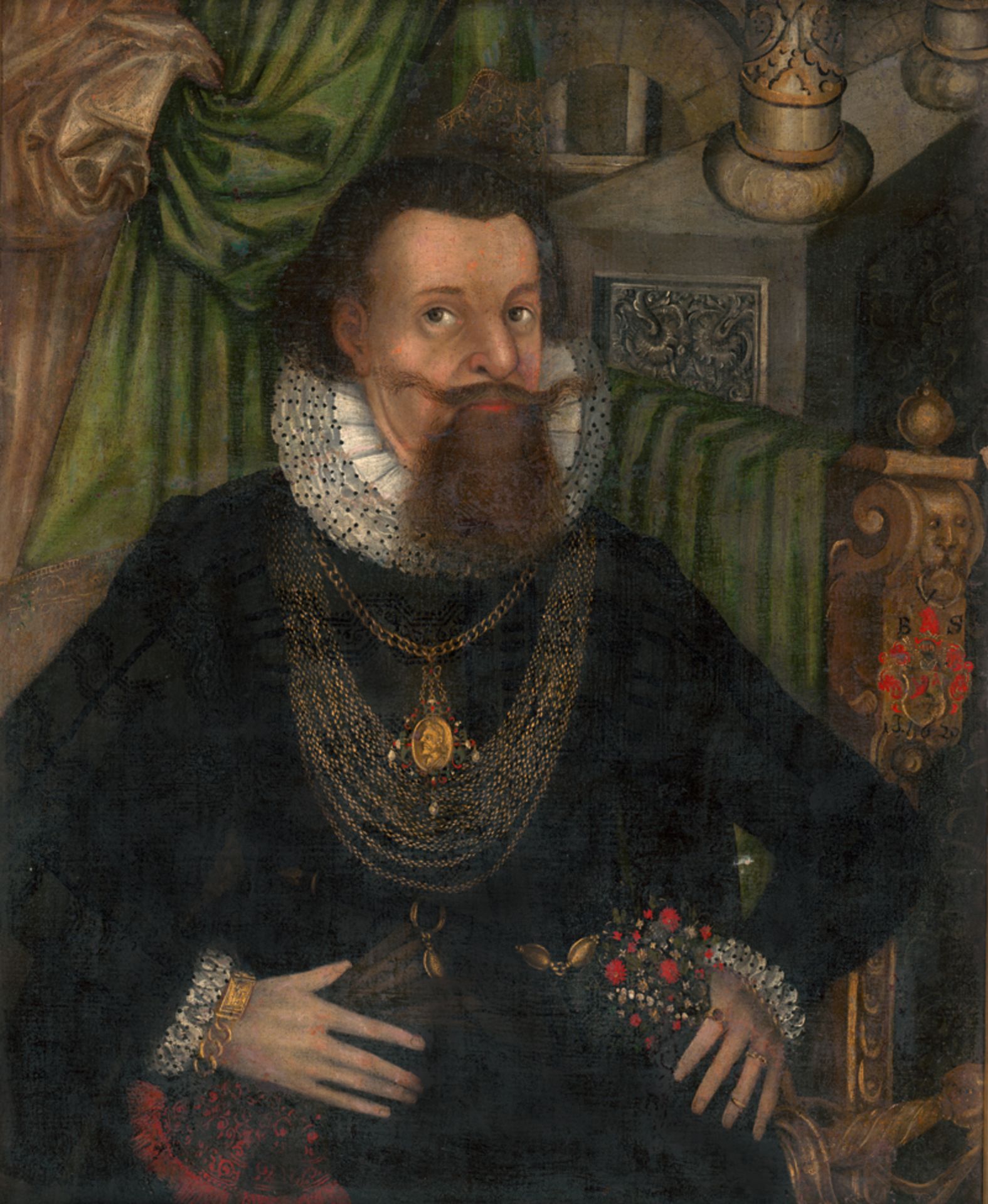 Deutsch: 1620. Bildnis eines Edelmannes im schwarzen Wams mit wei...