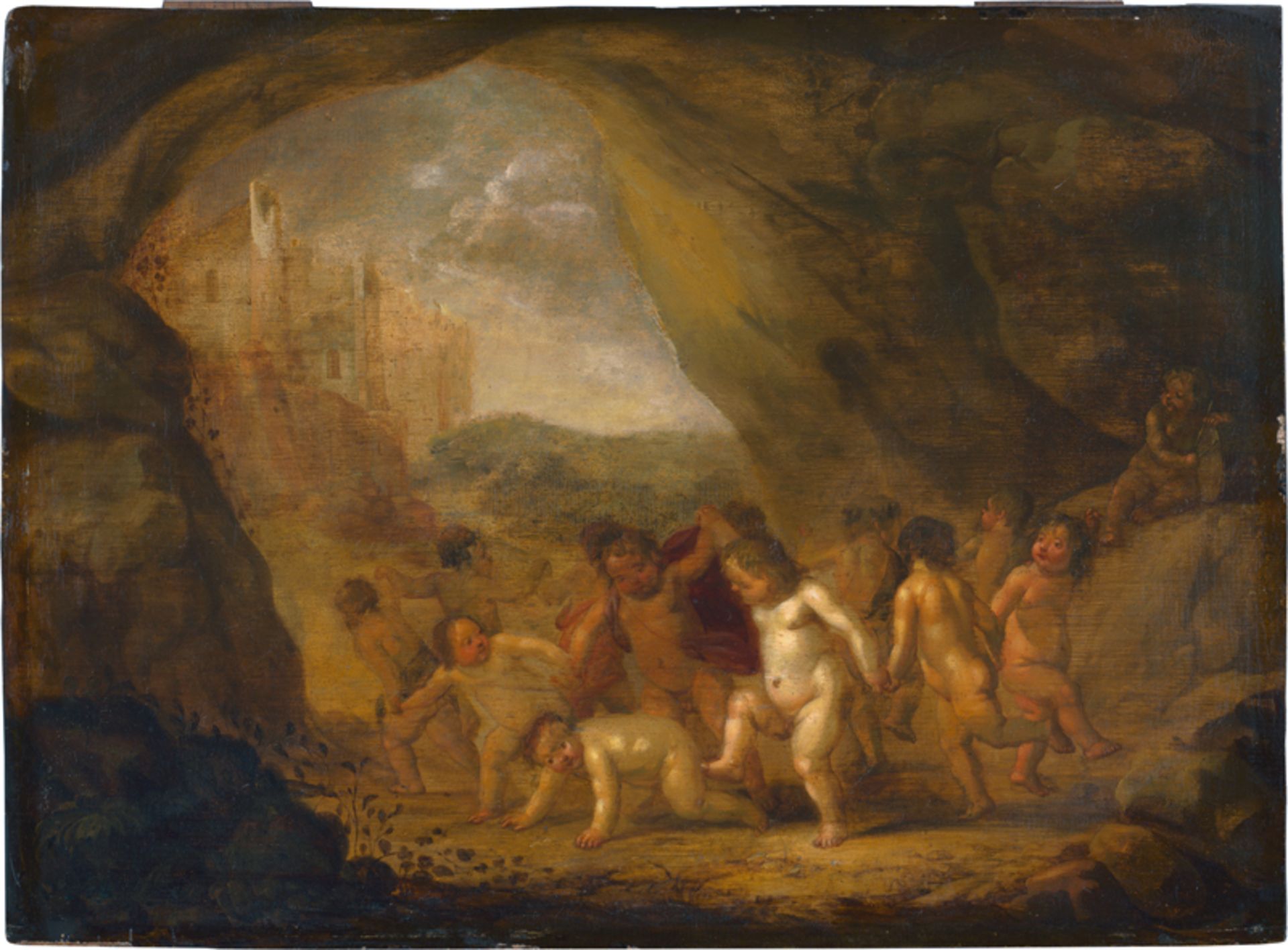 Verwilt, François - zugeschrieben: um1660. Tanzende Putti in einer Felsenhöhle