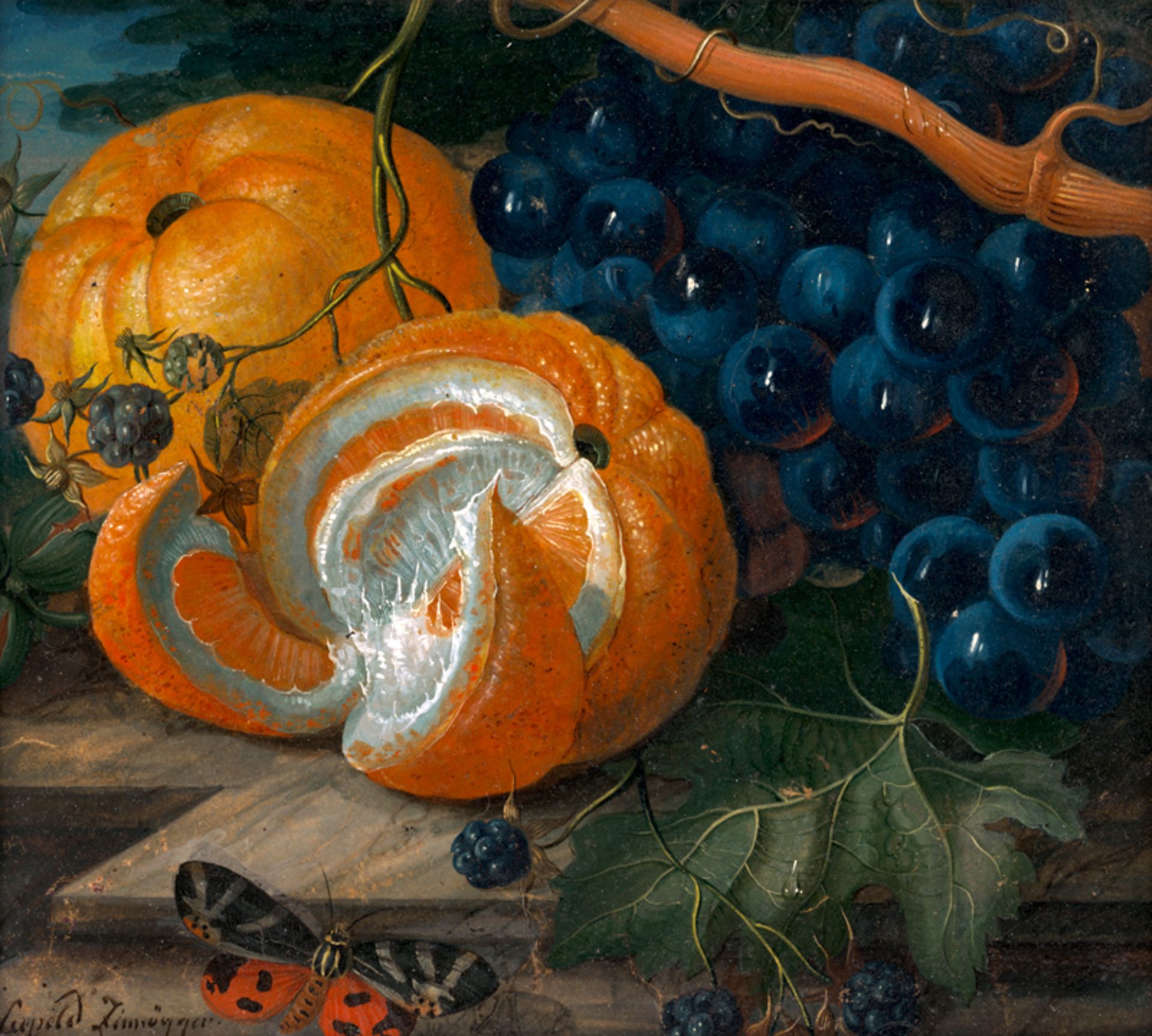 Zinnögger, Leopold: Früchtestillleben mit Orangen, Trauben, Brombeeren und S...