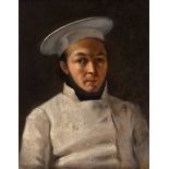Deutsch: um 1840. Bildnis eines Kochs in weißer Kochjacke und mit...
