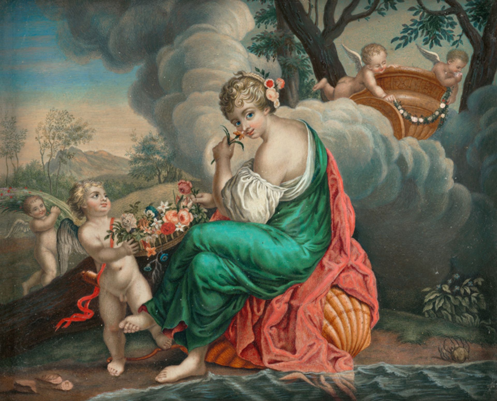 Deutsch: um 1700. Venus auf einer Muschel sitzend und Cupido: All...