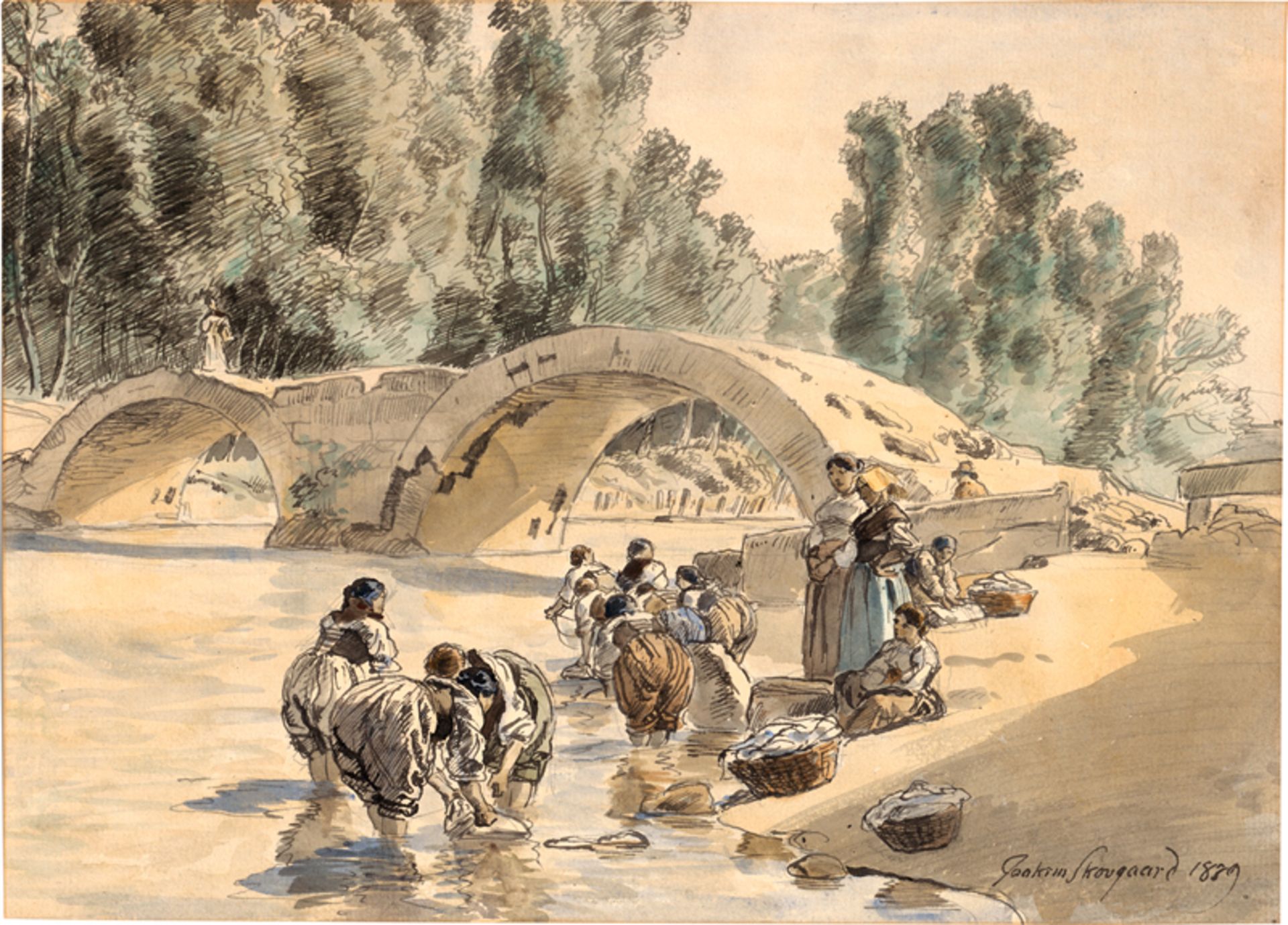 Skovgaard, Joakim: Wäscherinnen an einer römischen Brücke am Fluss Liri in ...